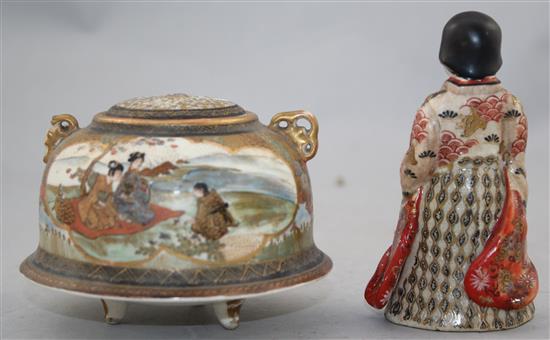 A Japanese Satsuma pottery figure and a similar tripod koro and cover, Meiji period, 10.5cm. diam.